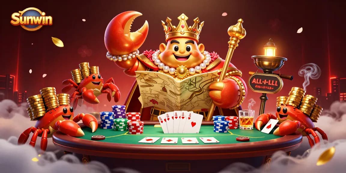Experience the thrill of Sunwin's gaming kingdom with a golden crab emperor and vibrant poker ambiance.