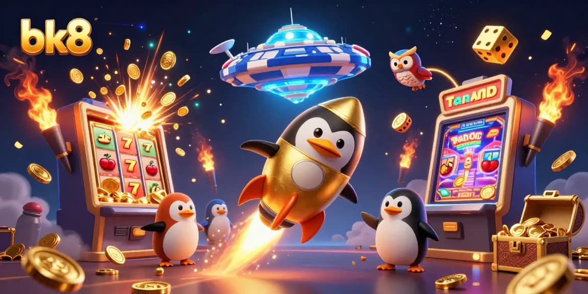 Experience the thrill of bk8 with a 3D cartoon penguin soaring through a casino-themed universe.