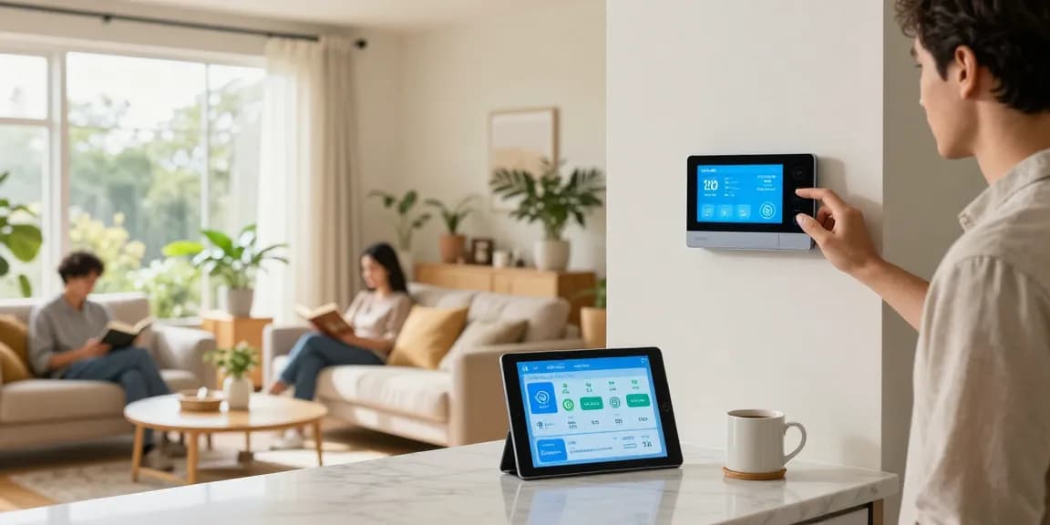 Homeowner adjusting a smart thermostat in a modern living area, showcasing energy efficiency and convenience.