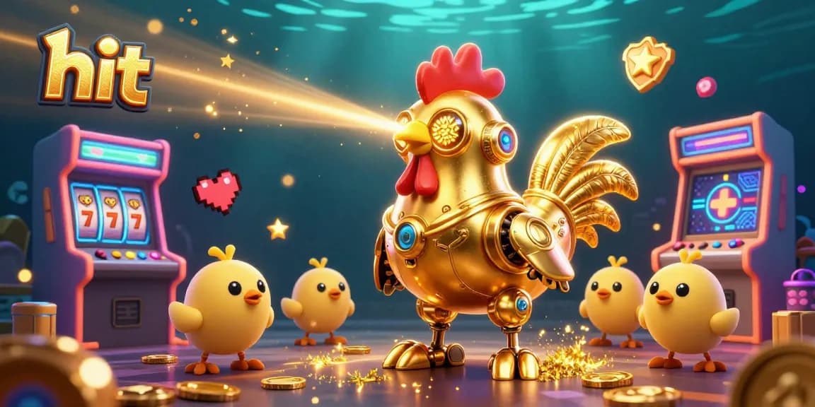 Hit the jackpot with a colorful casino-themed illustration featuring a golden rooster robot and delightful chick drones.