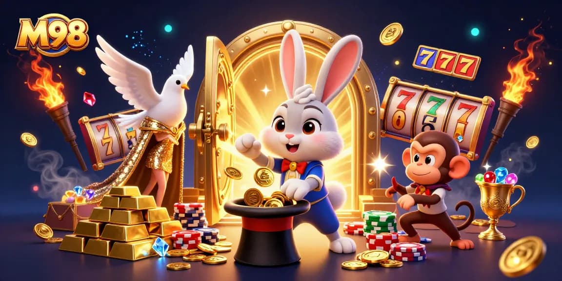 M98 offers thrilling slot game experiences with cartoon magician characters amidst sparkling treasures.
