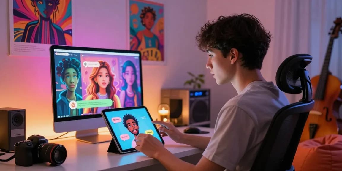 User engaging with nsfw ai chat on a tablet showcasing diverse AI avatars in a cozy digital workspace.