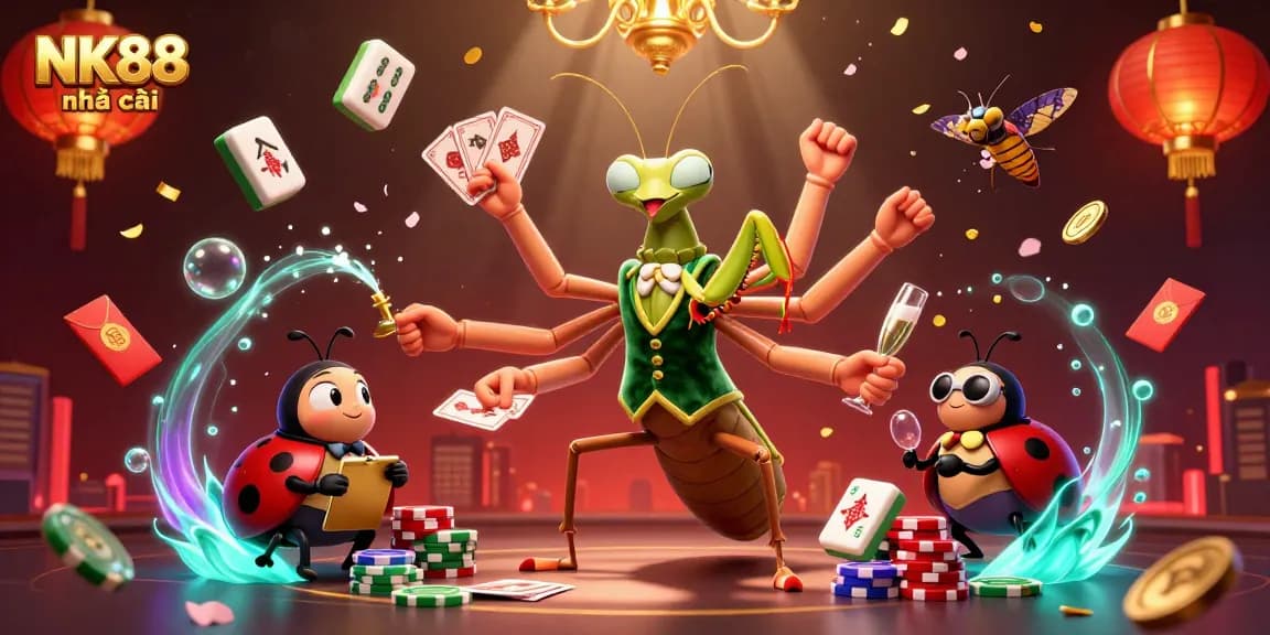 Experience thrilling gameplay at NK88 nhà cái with a 3D illustration of unique characters and casino elements.