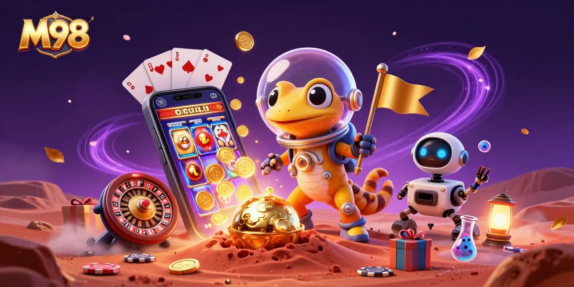 M98 captures a 3D gecko discovering a Mars casino, surrounded by slot games and exciting gambling elements.