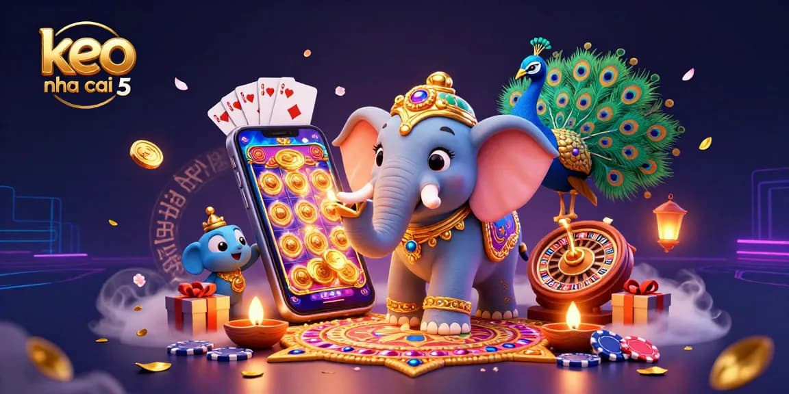 Engage in fun with keo nha cai 5 featuring colorful slot games and festive elements in a vibrant 3D illustration.