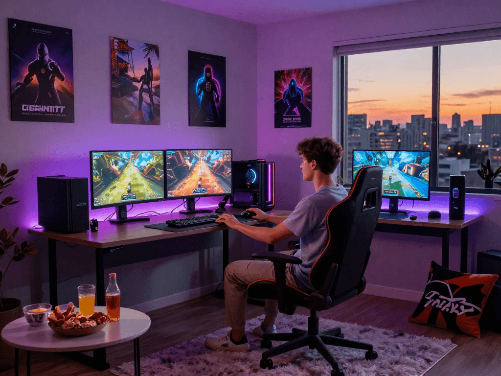 Engaged player enjoying an adult game in a vibrant modern gaming room.