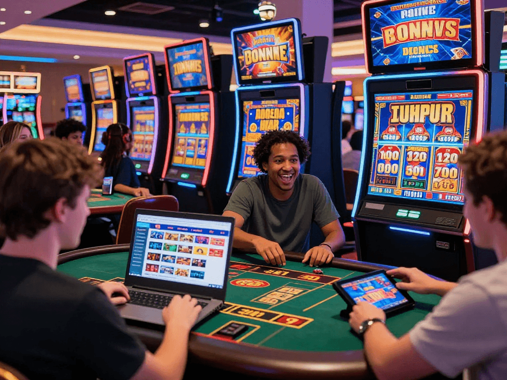 Engaging virtual gaming scene showcasing various USA online casino activities on https://aboutobo.com with vibrant colors and diverse players enjoying live dealer games and slots.