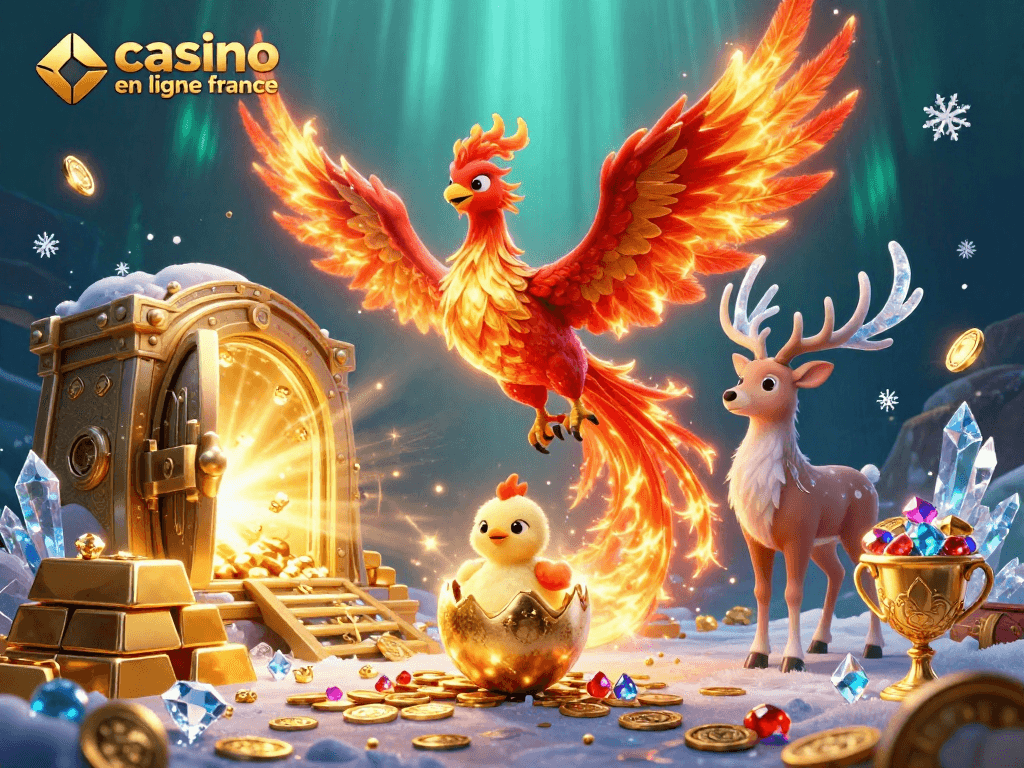 Découvrez l'univers éblouissant des jeux de casino en ligne France avec un phoenix flamboyant et des trésors scintillants.