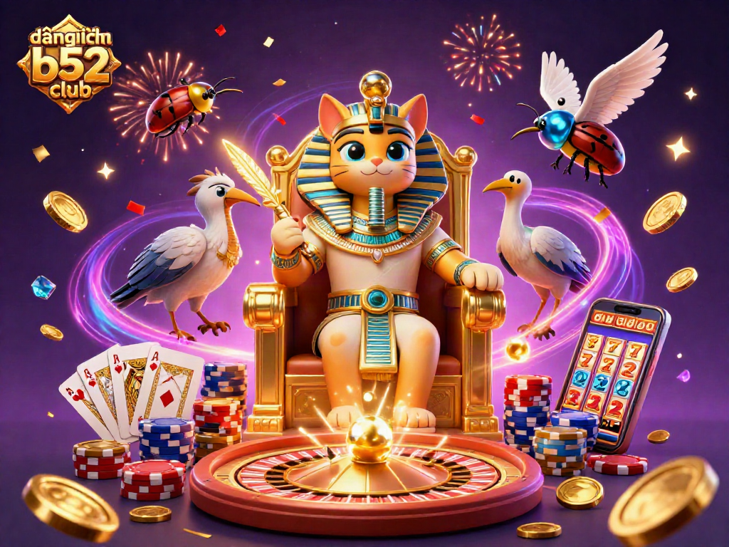 Engage in playful adventures with đăng nhập b52 club, a casino magic scene featuring a pharaoh cat and sparkling gems.