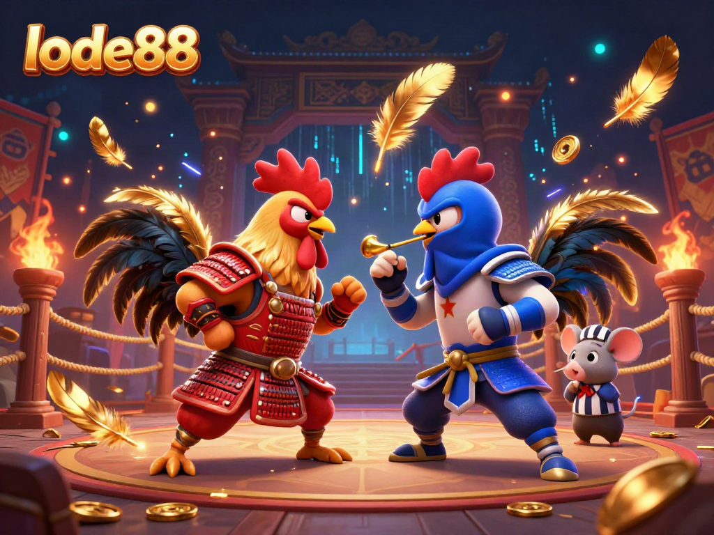 Experience thrilling action at lode88 with cartoon roosters showcasing a dramatic showdown in a vibrant arena.