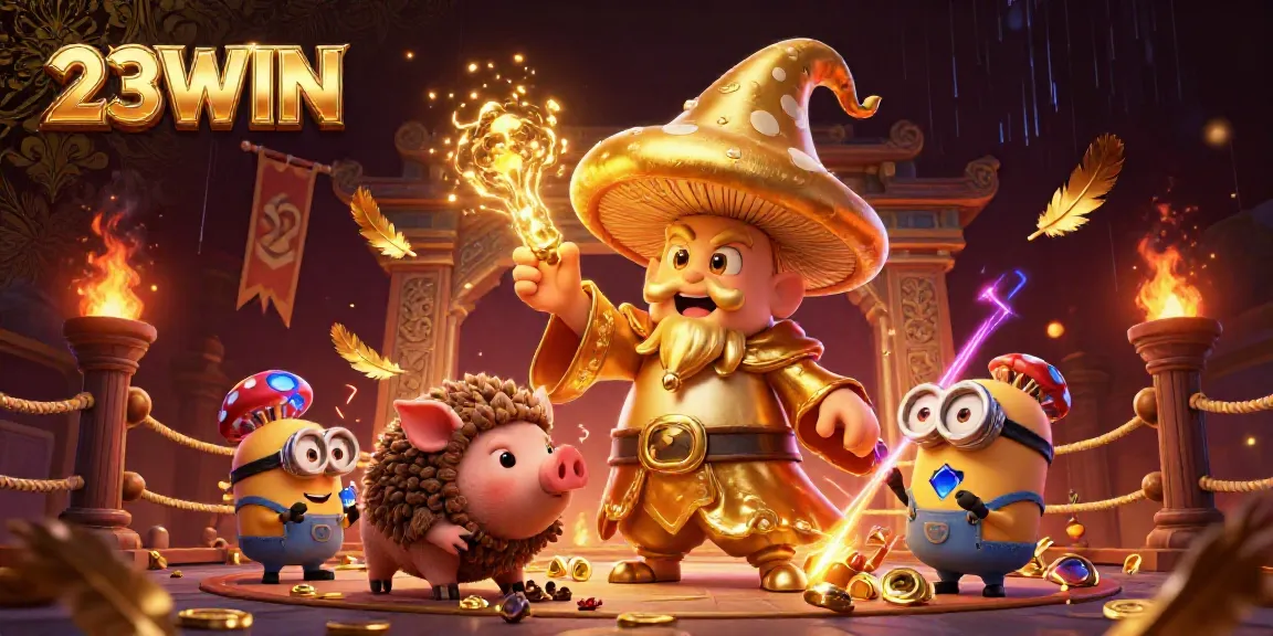 Engage in 23WIN's magical casino adventure with a golden wizard and treasure-hunting pig amidst rich gaming elements.