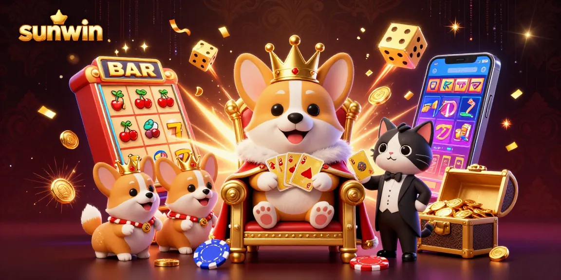 Experience gaming excitement at sunwin with a royal corgi on a throne of poker chips surrounded by casino elements.