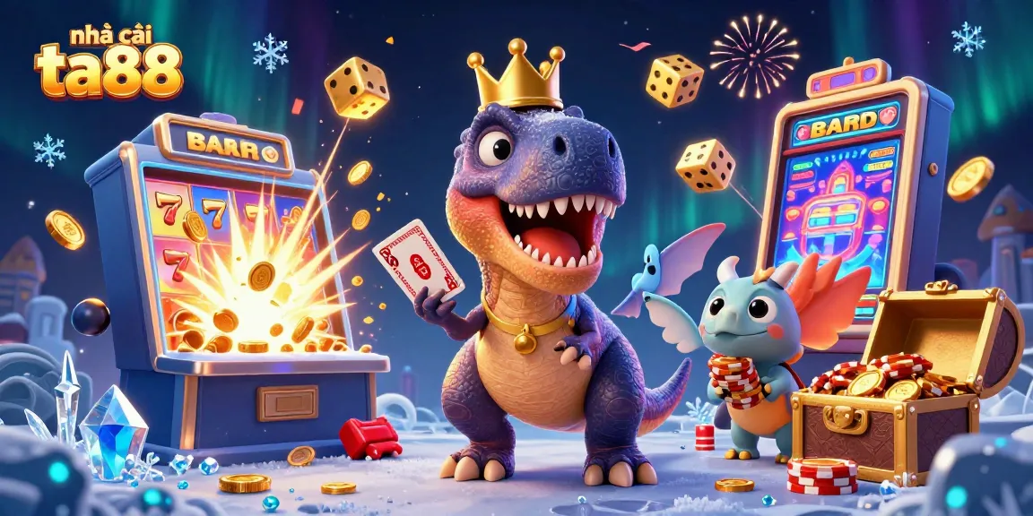 Join the fun at nhà cái ta88 with our T-Rex shuffling cards and a treasure chest of winnings!