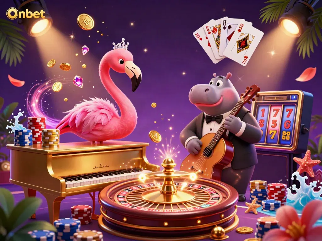 Enjoy exciting moments with Onbet's vibrant casino scene featuring a flamingo singer and a hippo bassist.