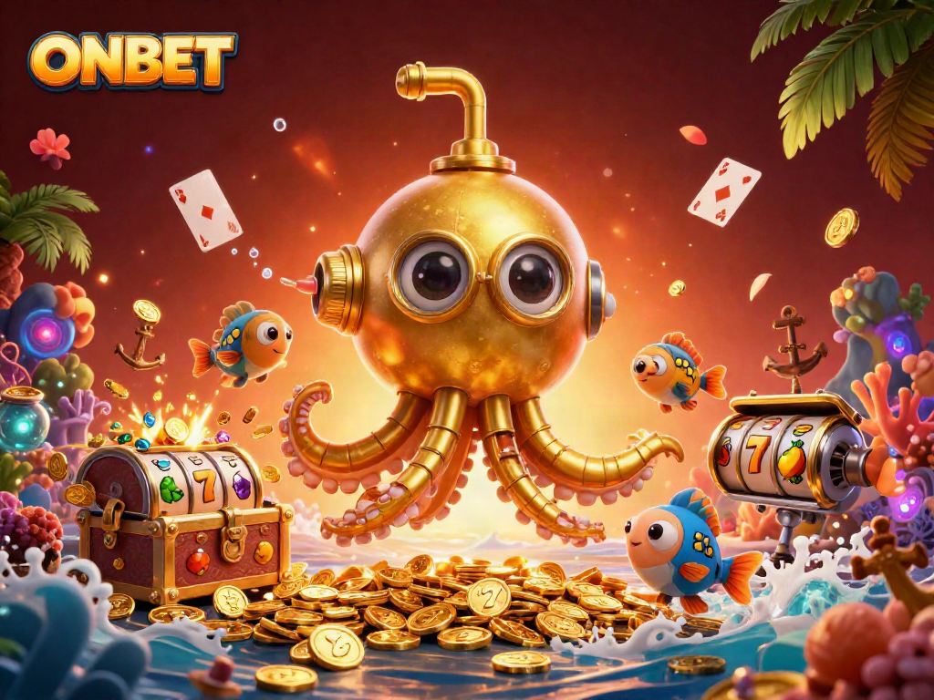 Experience the thrill of ONBET with this captivating 3D scene showcasing treasure and slot reels.