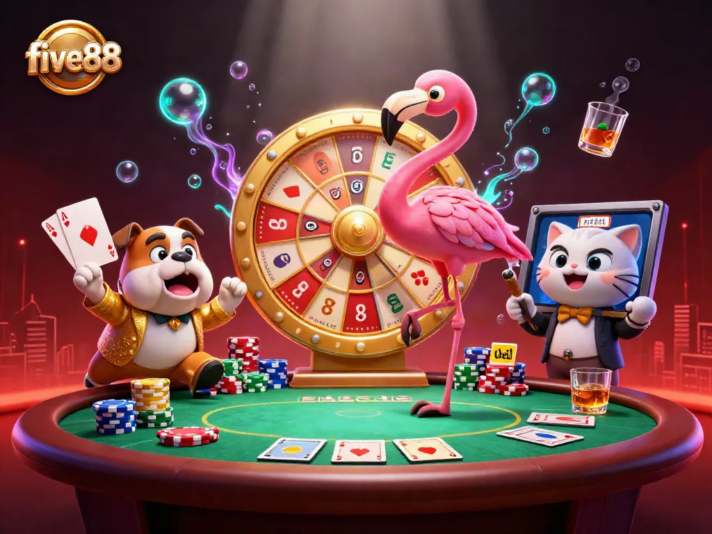 Engage with five88 and join the excitement, featuring a colorful game show scene with casino elements.