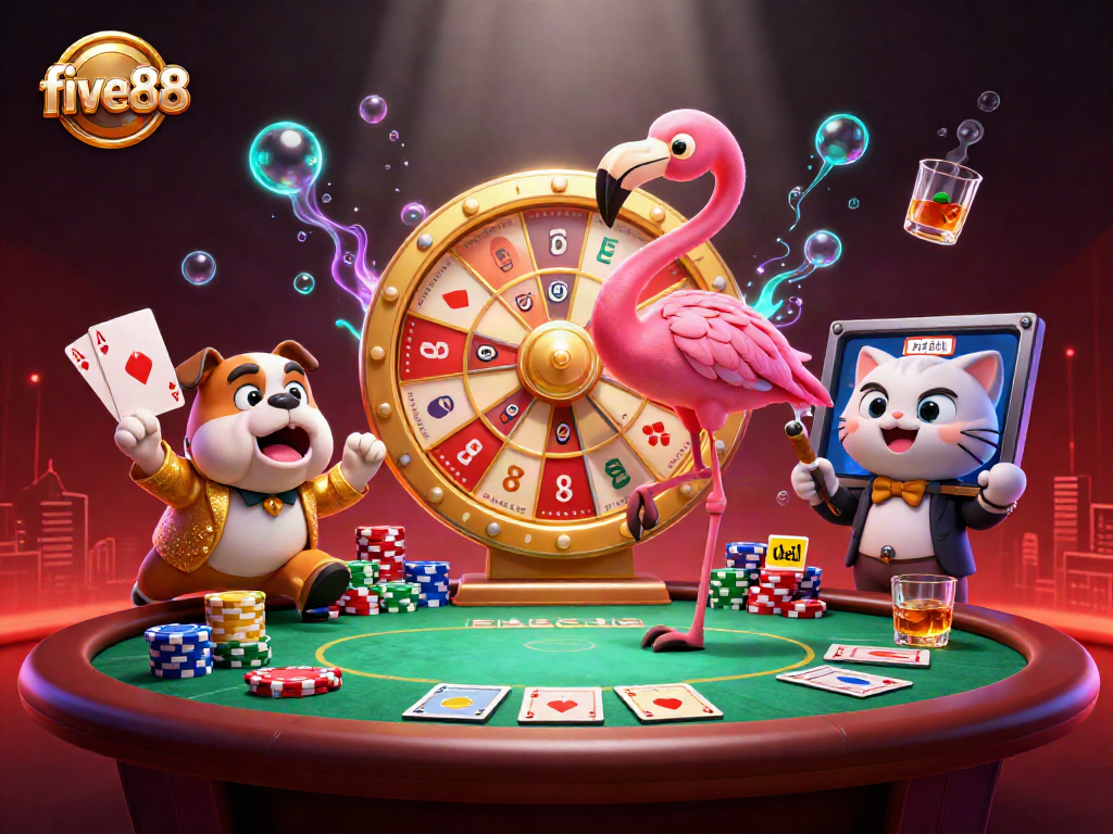 Engage with five88 and join the excitement, featuring a colorful game show scene with casino elements.