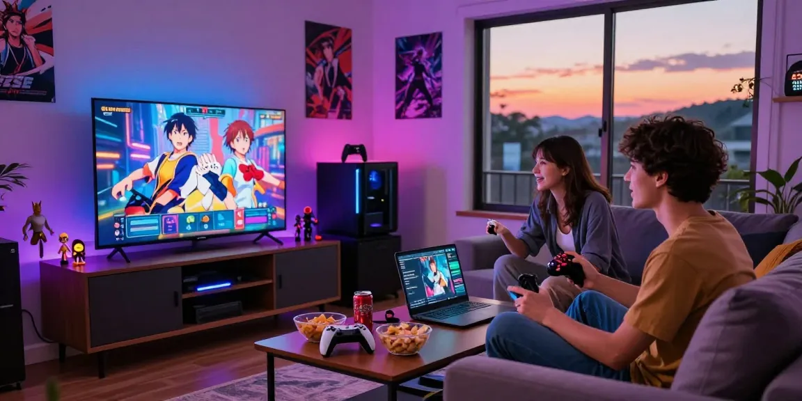 Friends enjoying a thrilling hentai game in a cozy living room, surrounded by gaming memorabilia.