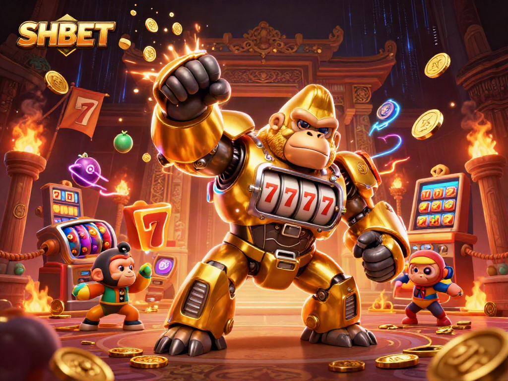 Experience thrilling gameplay with SHBET’s vibrant 3D illustration featuring engaging slot elements and dynamic characters.