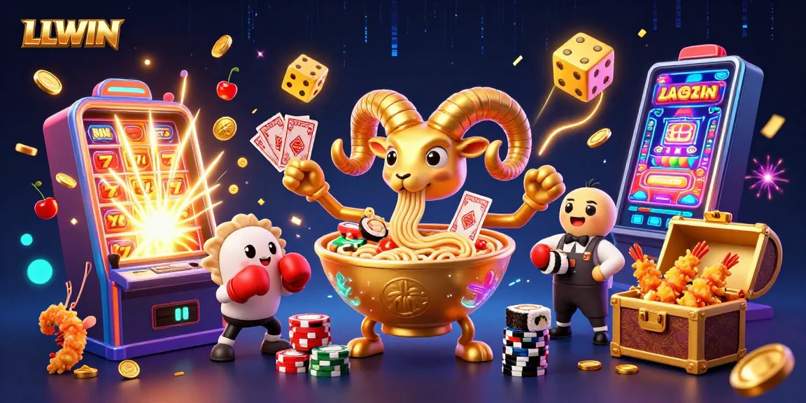 LLWIN offers a dynamic casino experience with giant ramen bowl dealers, bursting slot machines, and cheerful sushi roll characters.