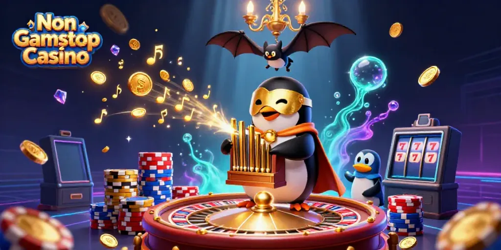 Engaging illustration of a Non Gamstop Casino with dynamic characters, jackpots, and casino elements.