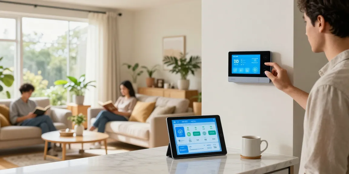 Homeowner adjusting a smart thermostat in a modern living area, showcasing energy efficiency and convenience.
