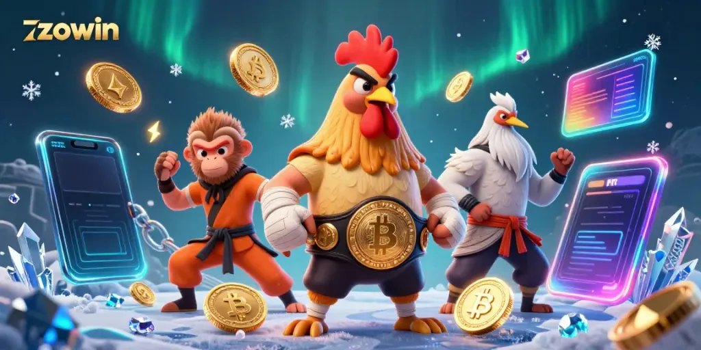 Experience the thrilling world of Zowin with a dynamic 3D illustration depicting champions and crypto elements.
