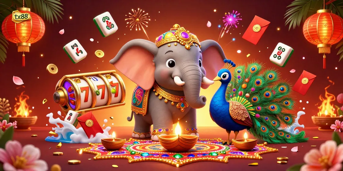 Experience the thrills of tx88 with a vibrant 3D illustration showcasing festive casino elements.