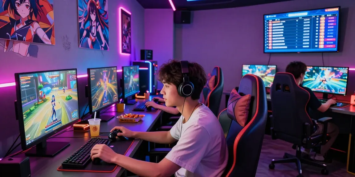Engaged gamers playing ecchi games in a colorful digital lounge, showcasing a vibrant gaming atmosphere.