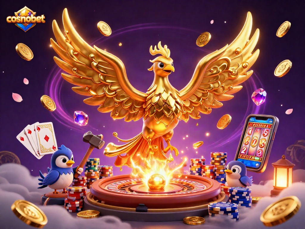 Experience the thrill of cosmobet with a golden phoenix and casino elements in a dynamic 3D illustration.