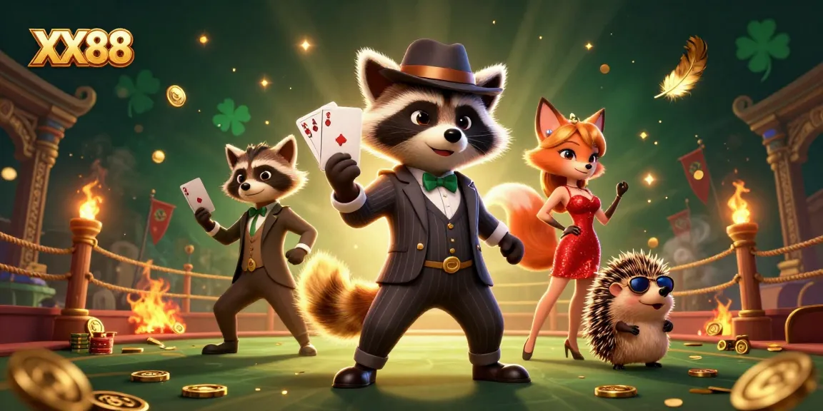 Experience unbeatable chances at XX88 with a charming raccoon, fox lady, and hedgehog bouncer in a vibrant casino scene.