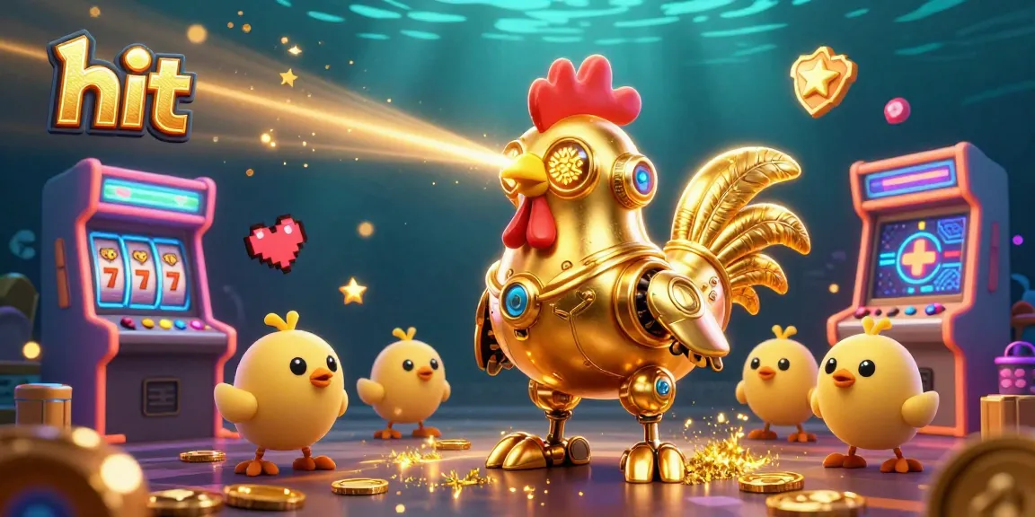 Hit the jackpot with a colorful casino-themed illustration featuring a golden rooster robot and delightful chick drones.