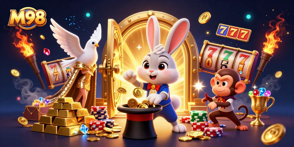 M98 offers thrilling slot game experiences with cartoon magician characters amidst sparkling treasures.