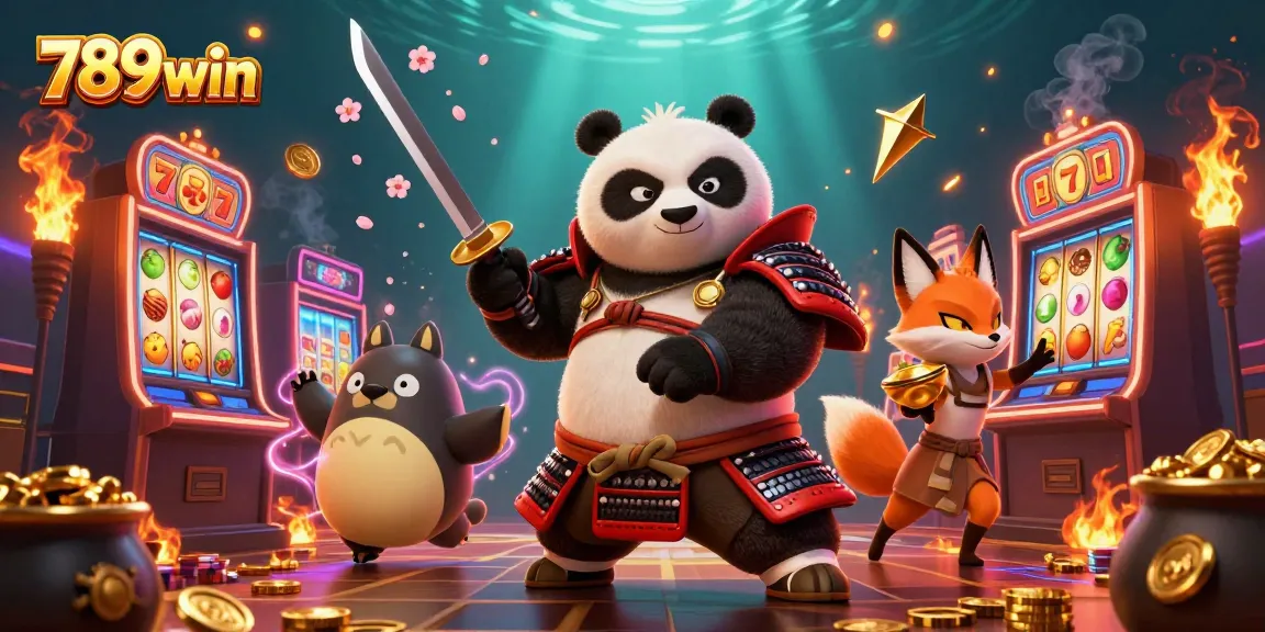 Engage in thrilling gameplay with 789win's dynamic casino scene featuring a samurai panda and ninja fox.