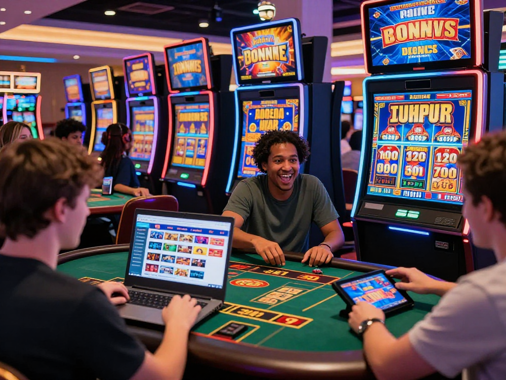 Engaging virtual gaming scene showcasing various USA online casino activities on https://aboutobo.com with vibrant colors and diverse players enjoying live dealer games and slots.