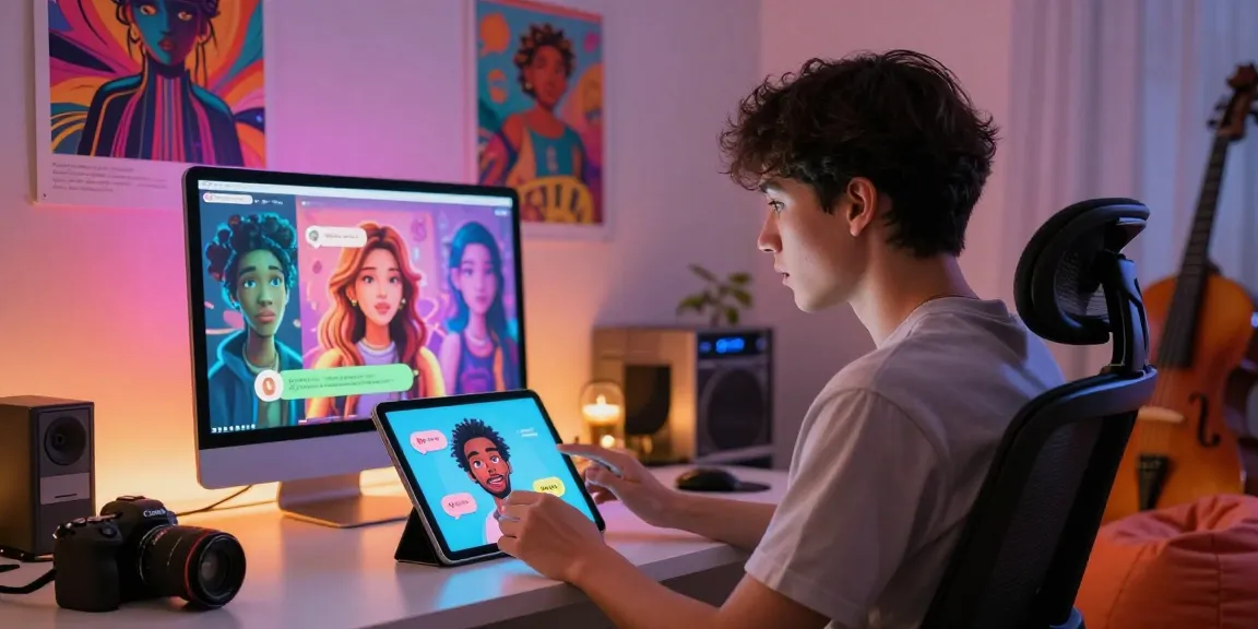 User engaging with nsfw ai chat on a tablet showcasing diverse AI avatars in a cozy digital workspace.