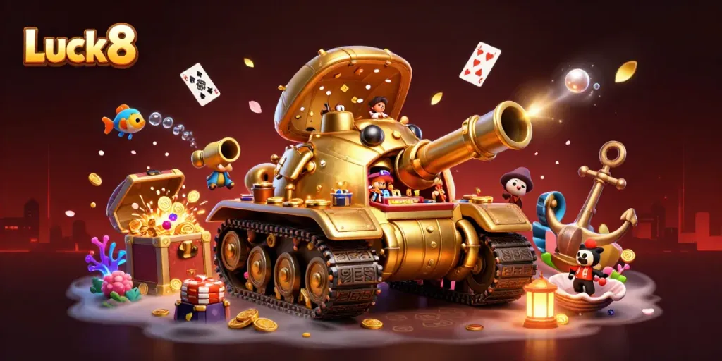Luck8's vibrant casino-themed 3D scene showcasing a golden beetle tank amidst treasures and games.