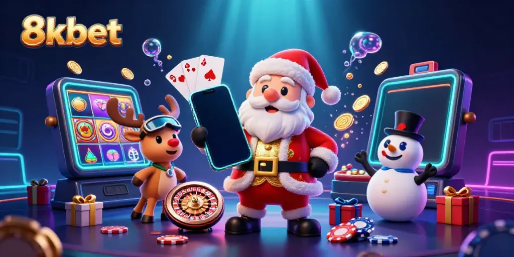 Experience the excitement at 8xbet with a colorful scene featuring a friendly Santa, reindeer dealer, and poker chip snowman.
