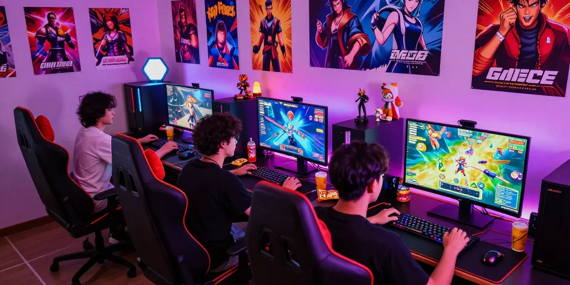 Friends playing ecchi games in a vibrant gaming room, showcasing colorful game graphics.