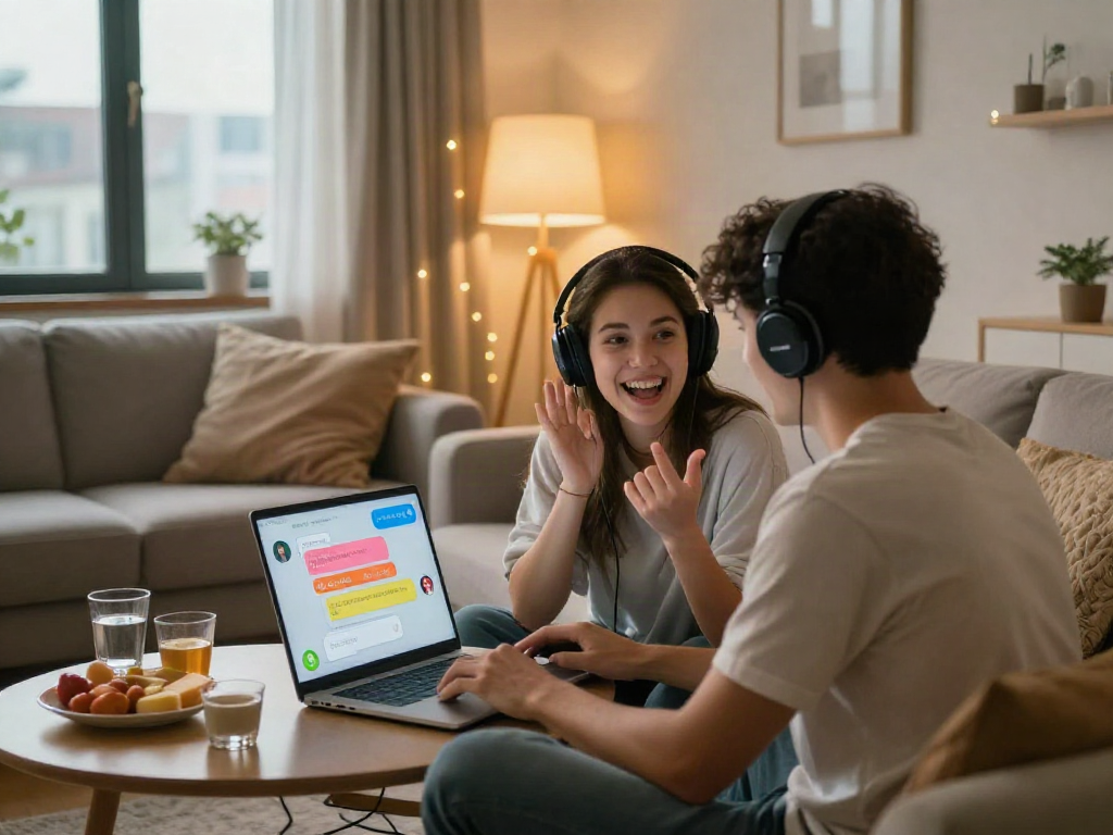 Couple enjoying ai sex chat in a cozy apartment with laptops and soft lighting.
