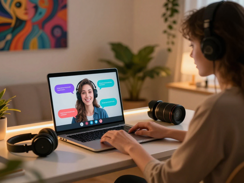 Engaging AI sex chat in a cozy virtual environment with a friendly companion.