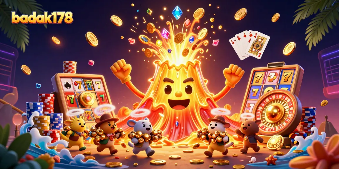 Exciting gaming action at badak178 with a golden volcano, treasure animals, and casino elements.
