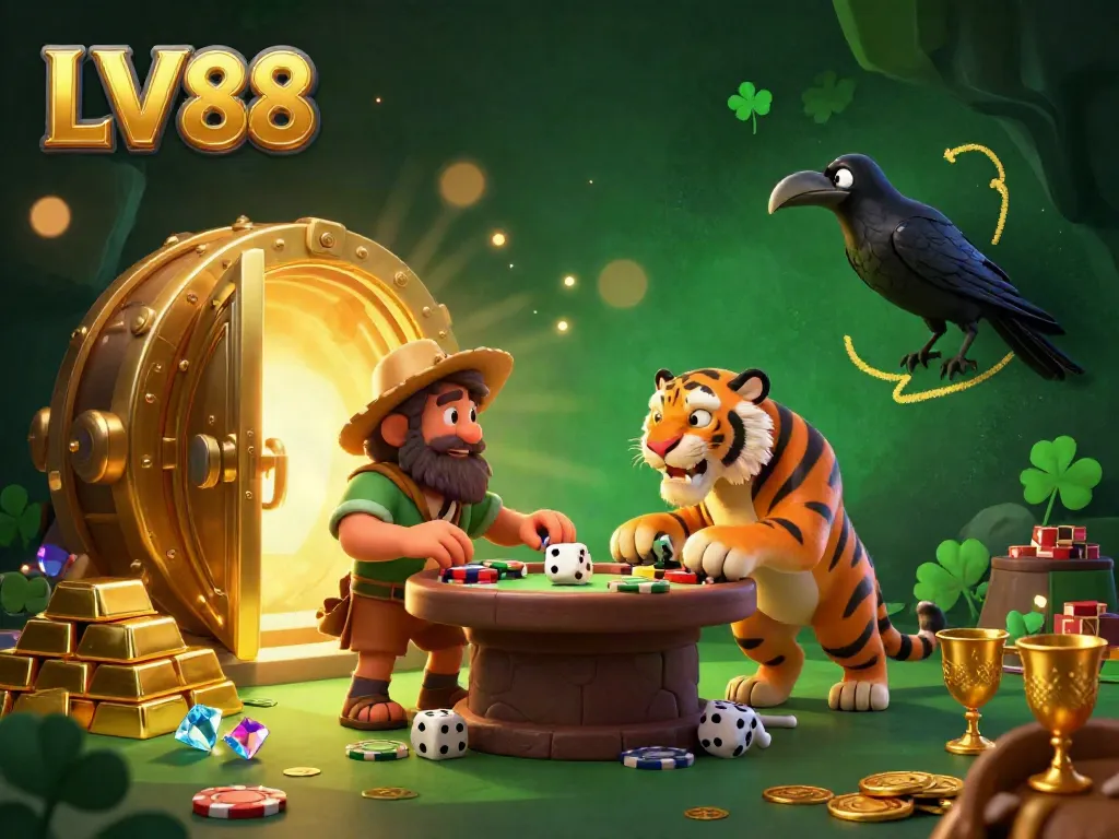 Experience the thrill of LV88 with an engaging casino scene featuring unique characters and treasures.