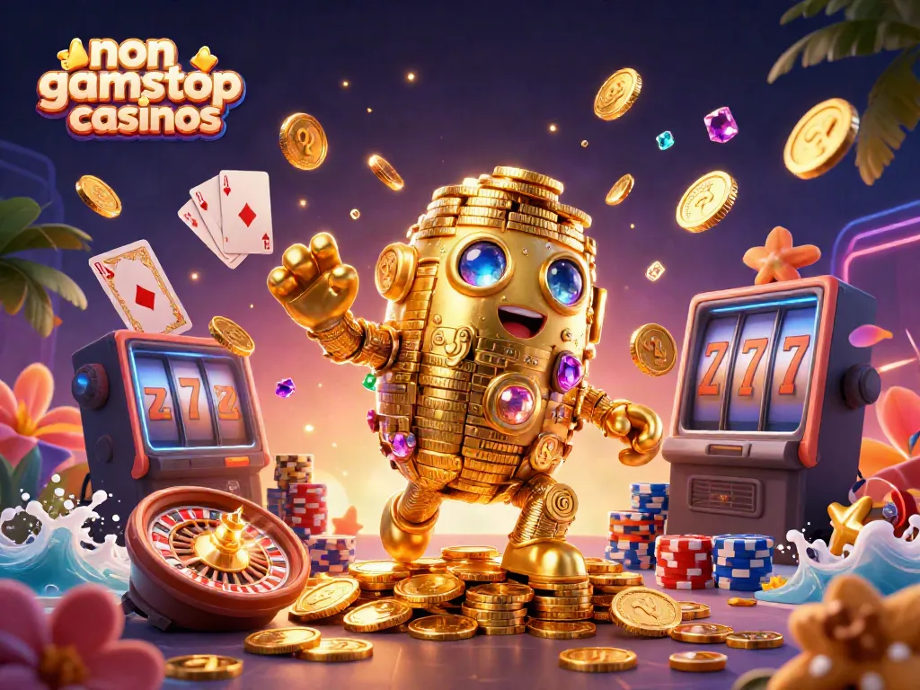 Experience the thrill of non gamstop casinos with a dynamic 3D display of golden coins and casino symbols.