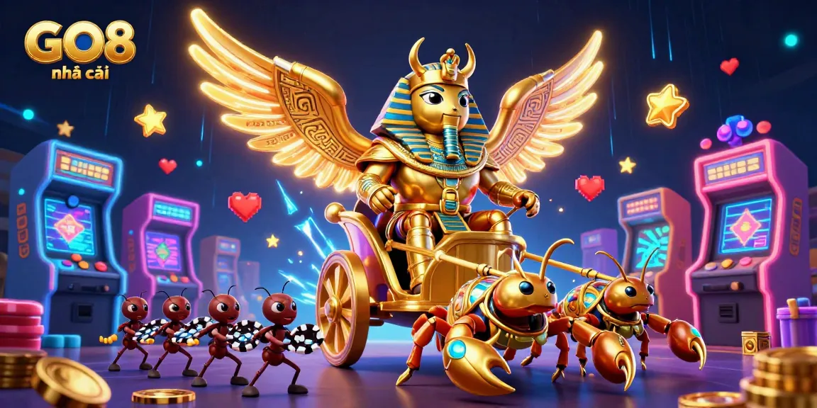 Engage with GO8 nhà cái's thrilling action featuring a golden scarab beetle and vibrant gaming elements.