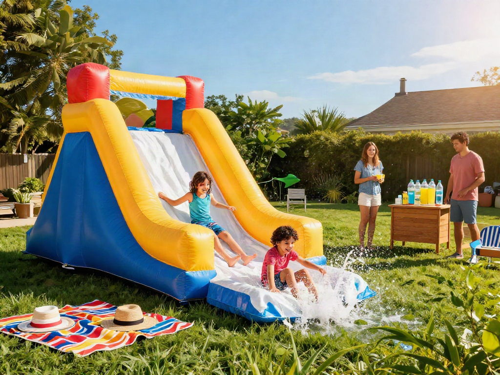 Children enjoying a slip and slide on a sunny summer day, surrounded by vibrant colours and laughter.