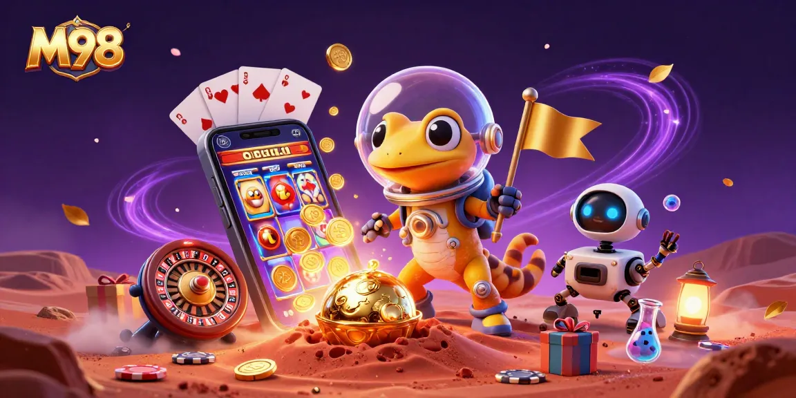 M98 captures a 3D gecko discovering a Mars casino, surrounded by slot games and exciting gambling elements.
