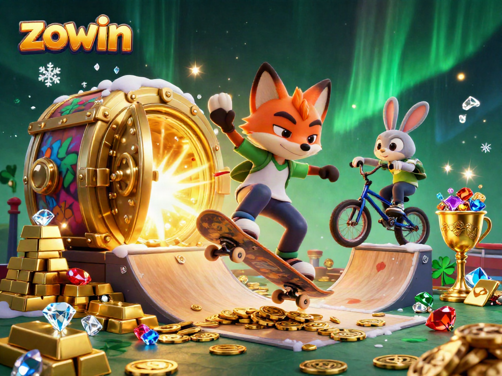 Experience the excitement of zowin casino with a vibrant scene featuring a skateboarder fox, BMX rabbit, and golden poker chips.