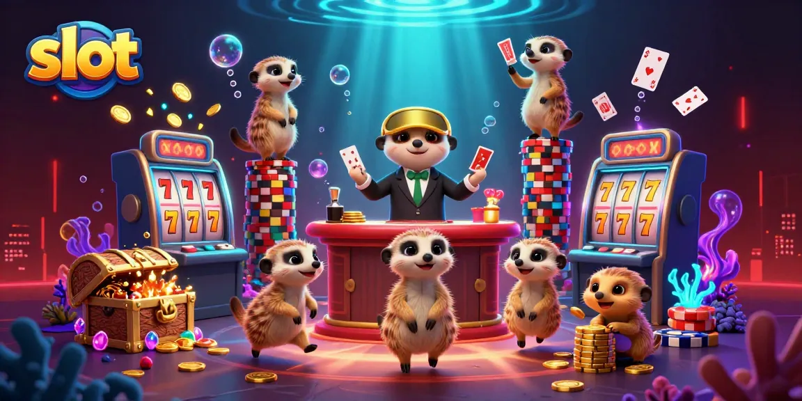 Meet meerkats operating a vibrant slot casino, showcasing excitement with gold coins and dazzling gems.