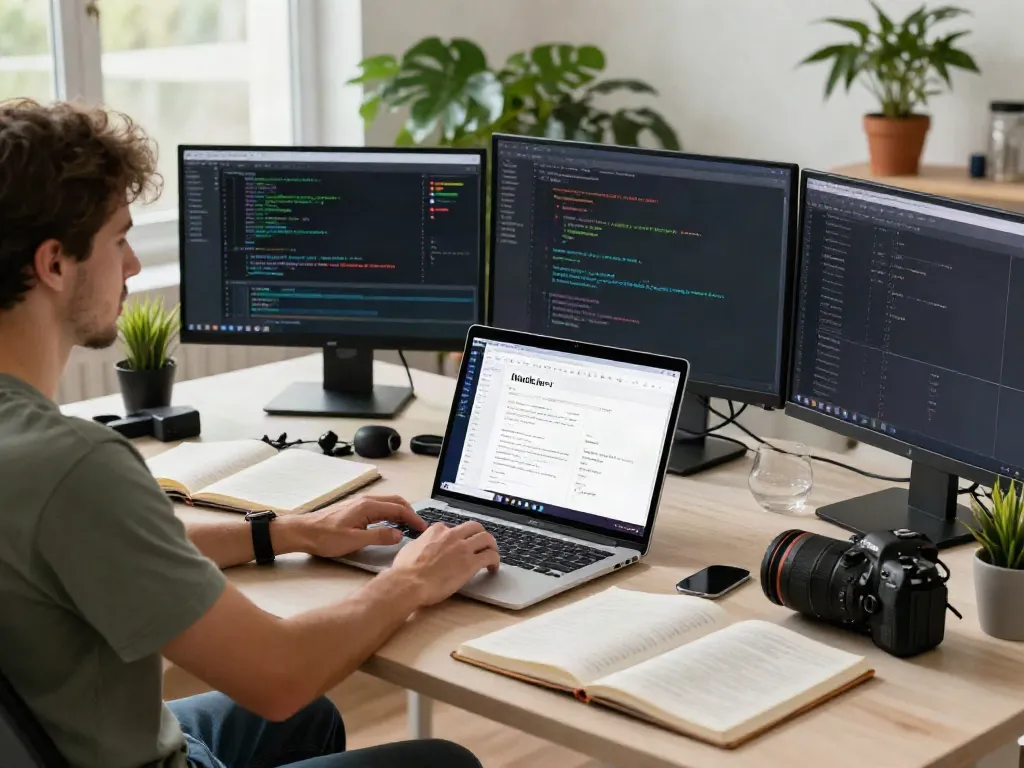 Web developer using instant indexing tools in a modern workspace.